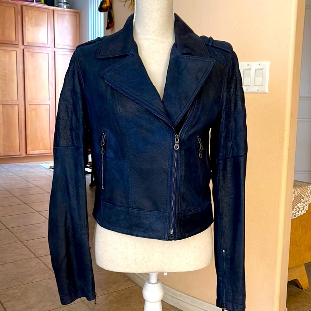 Paige Suede Biker Jacket Navy S